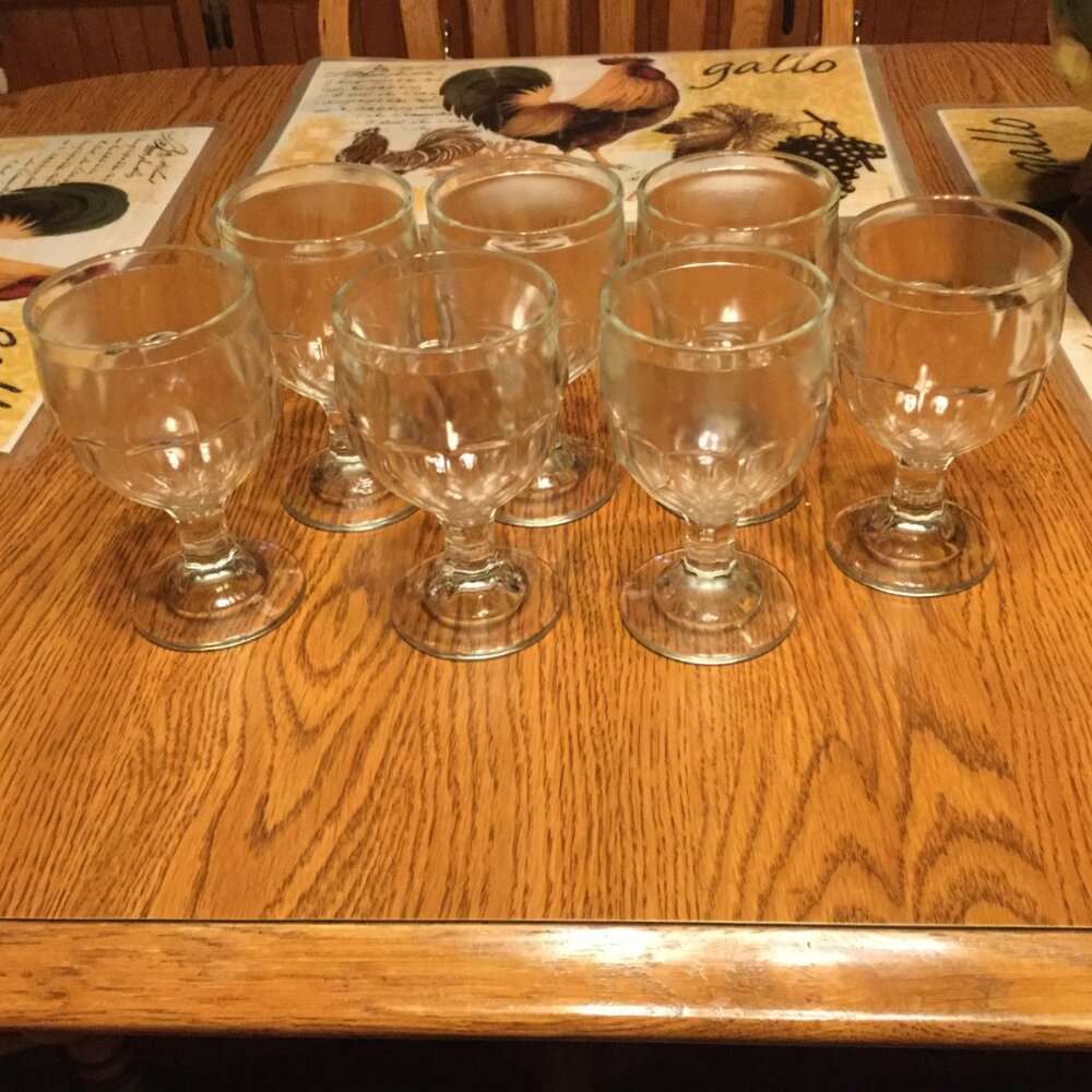 Seven Matching Clear Stem Pieces Of Vintage Water/Wine Goblets